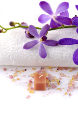 White Towel, Aromatic Candles, Orchid and Bath Salt