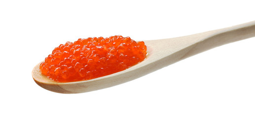 Red caviar on a wooden spoon.