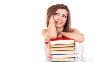 student woman with a stack of books, isolated