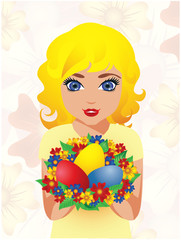 Beautiful Girl with Easter Eggs , vector illustration