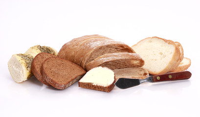 collection of different bread types on white background