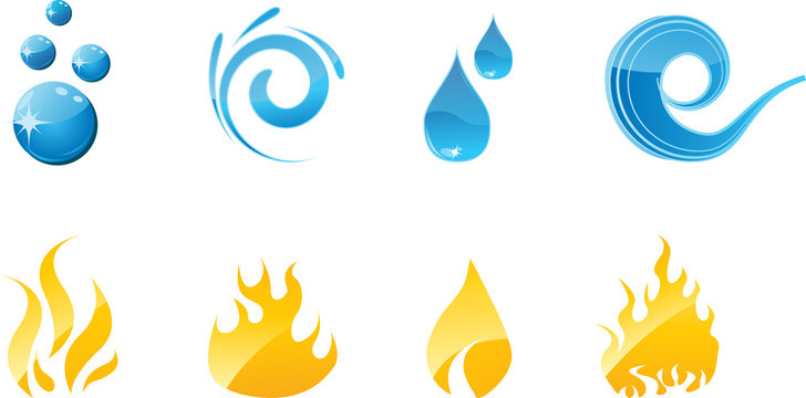 Set of vector water and fire shiny icons