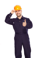 portrait of the builder on a white background