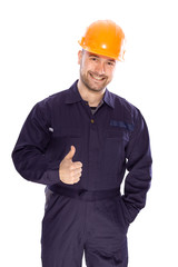 portrait of the builder on a white background