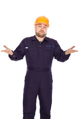 funny portrait of a builder on a white background