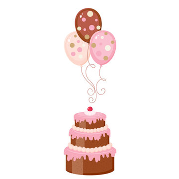 Chocolate cake with balloons, isolated