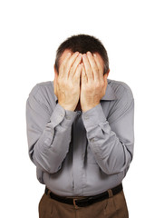 man covered his face by hands