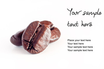 Brown coffee beans, background with text