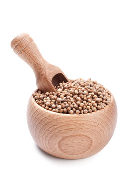 Wooden scoop in bowl full of coriander seeds isolated on white