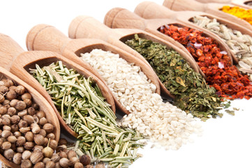 Wooden shovels with different spices