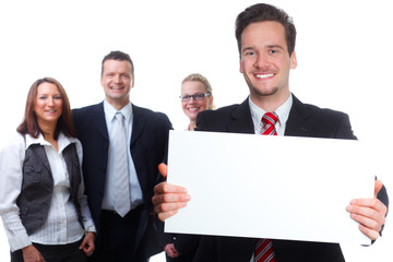 freundliches team mit whiteboard