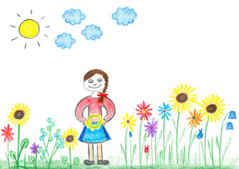 Young girl with colorful flowers on meadow, hand drawing.