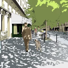 Foto op Plexiglas Tekening straatcafé Een oudere man loopt met zijn hond over de boulevard