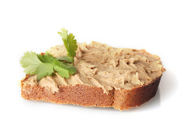 Fresh pate on bread isolated on white