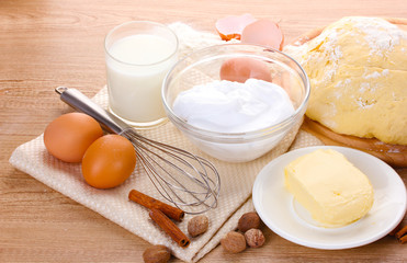 Ingredients for the dough wooden table