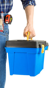 Man Holding Toolbox On White