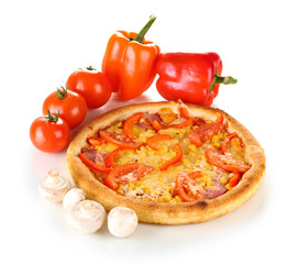 Aromatic pizza with vegetables and mushrooms isolated on white