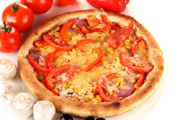 Aromatic pizza with vegetables and mushrooms close-up isolated