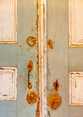 Wooden grey door  in monastery Ivironon Athos in Greece