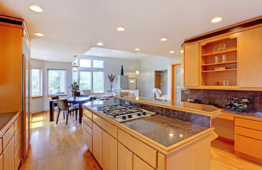 Large luxury modern wood kitchen with granite counter tops.