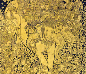 Three-headed elephant painting in tradition Thai style