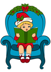 Cartoon little girl in suit Snow Maiden with book.