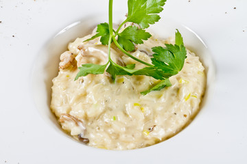 Bowl of mushroom risotto.