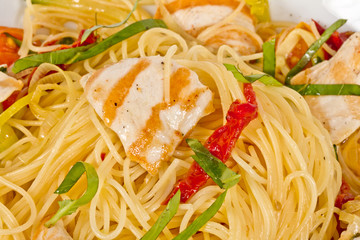 close-up of plate of pasta and chicken