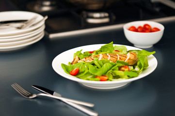 Sliced chicken breast as salad ingredient