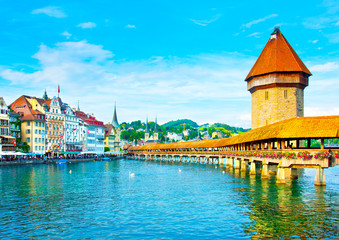 Panoramic vew of the older wooden bridge of Europe in Lucerne