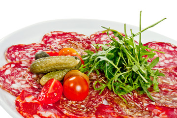 Italian sausage assorted with tomato, cucumber and ruccola