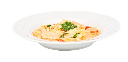 tasty pasta with cream, salmon, cheese and parsley close up