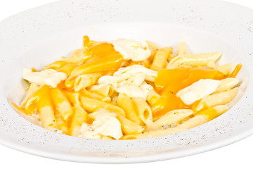 Penne pasta with parmesan, dor blue, chamamber and mozzarella