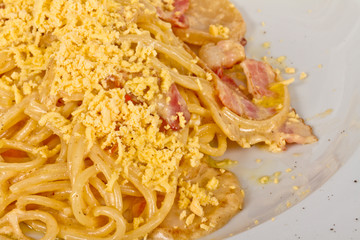 spaghetti carbonara pasta with bacon and mushrooms