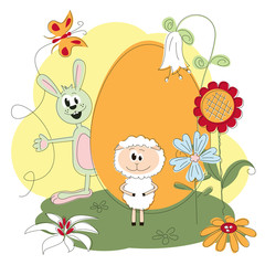 Easter greeting card with cheerful rabbit and lamb