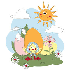 Easter greeting card with cheerful chicken