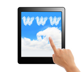 Tablet pc with hand finger ,cloud and sky