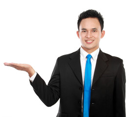 man presenting something isolated over white background