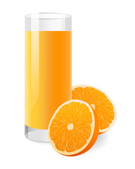 Fresh orange juice in glass with half of orange