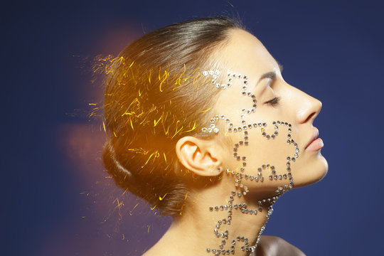 Fine Art Portrait Of Female With Beauty Crystal Puzzle On Face