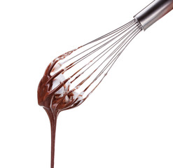 Metal whisk for whipping eggs with chocolate cream isolated