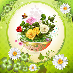 Flowers in flowerpot with roses and butterflies