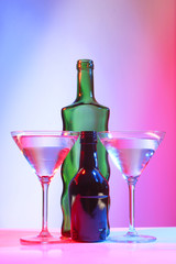Martini green bottle and two glasses