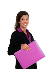 Woman holding bright pink folder