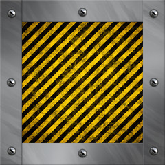 Brushed aluminum frame bolted to a warning stripe background