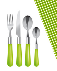 Couverts verts : fourchette, couteau, cuillères