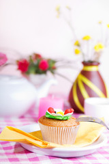 continental colorful  breakfast on a pink background