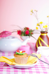 Fototapeta na wymiar continental colorful breakfast on a pink background