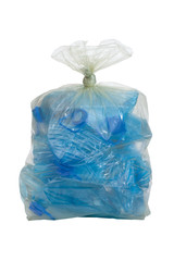 Fototapeta premium plastic bag with crushed blue plastic bottles cutout on white