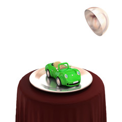 Green car on a silver dish.